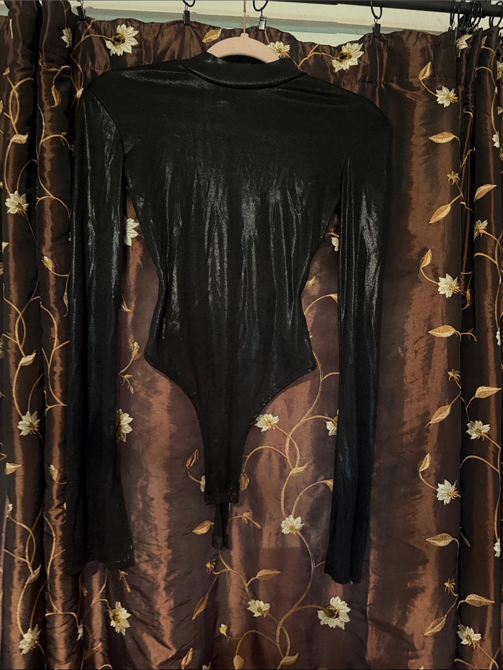 Black Long-Sleeve Shiny Bodysuit - Women Tops